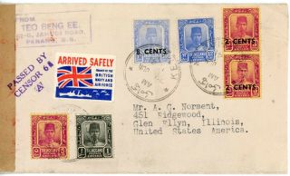Malaya - - Registered Censored Airmail Cover Sent To U.  S.  In 1941