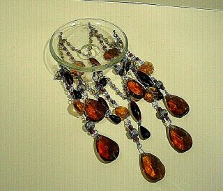 Vintage Art Glass Bobeche With Red And Amber Hanging Crystals Set Of Two