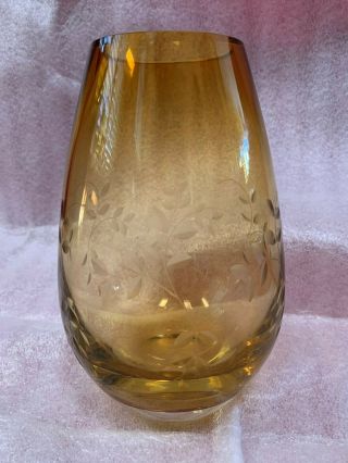 Bohemian Polish Amber Yellow Cut To Clear 24 Lead Crystal 8 1/2 " Vase