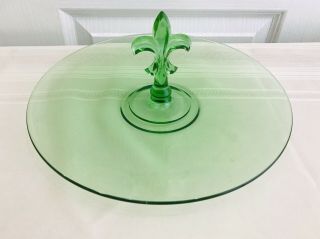 Vintage Vaseline Uranium Green Depression Glass Tidbit Tray Fleur De Lis Glows