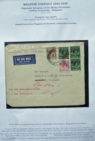 Malaya 7 Sep 1941 Airmail Cover Front From Singapore To Scotland - Censored