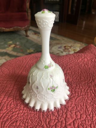 Vintage Fenton Spanish Lace Milk Glass Silvercrest Bell - Hand Painted Flowers