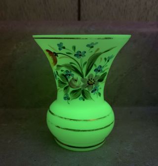 Vtg Czechoslovakia Czech Glass Hand Painted Floral Toothpick Holder Bud Vase Uv