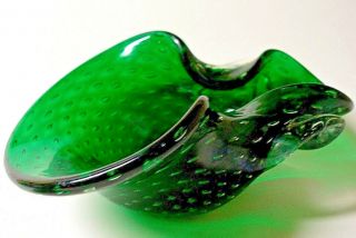 Vintage Murano Italian Cased Folded Art Glass Bowl Green Contolled Bubbles Italy