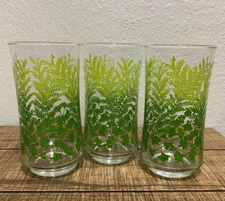 Vintage Green Fern Drinking Glass Tumblers Mid Century Modern Set Of (3) 12 Oz.