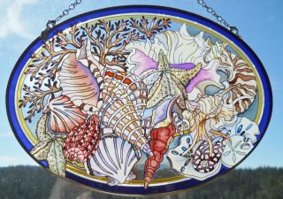Amia Glass " Seashell Beach " Oval Suncatcher - Hand Painted -