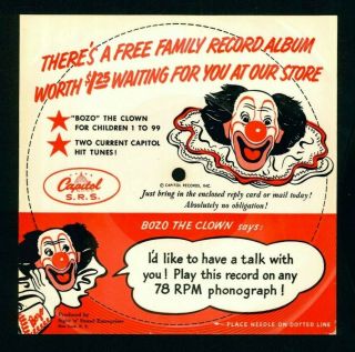 Vintage " Bozo The Clown " 45 Rpm Record W/original Envelope - Fedders A/c Back Ad
