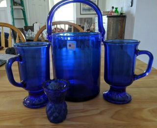 Blenko Glass Cobalt Blue Ice Bucket With 2 Matching Glasses,  Small Shot Glass