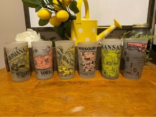 Vintage Hazel Atlas Frosted State Souvenier Drinking Glasses Set Of 6