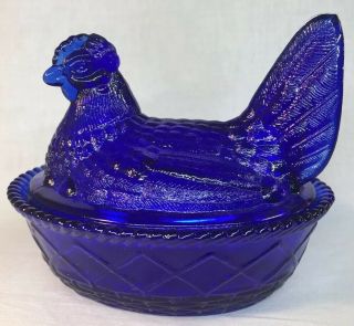 Mosser Made For Rosso Glass Hen/ Chicken On Nest Cobalt Blue