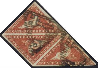 Cape Of Good Hope 1853 Sg3a 1d Brick - Red/lightly Blued Strip Of 3 Cat.  £1,  050.  00