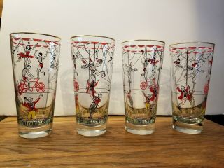 Set Of 4 Libbey Circus Glasses,  The Greatest Show On Earth Tumblers Vintage Mcm