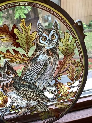Vintage 1980 Glassmasters Audubon Owls Oval Stained Glass Window Sun Catcher 2