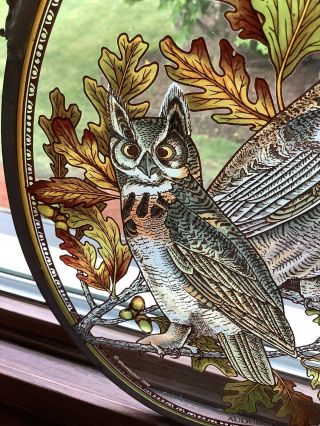 Vintage 1980 Glassmasters Audubon Owls Oval Stained Glass Window Sun Catcher 3