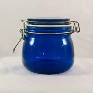 Vintage Collectible 4 " Cobalt Blue Glass Apothecary Jar W/wired Lid - Estate Item