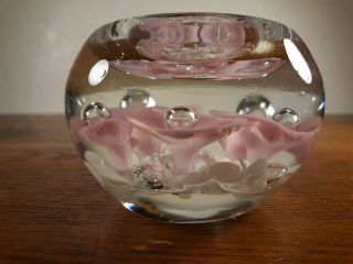 Gibson Pink & White Flower Art Glass Paperweight Candle Holder Trinket Dish