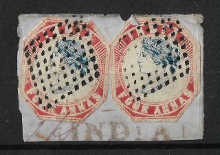 India 1854 Qv 4a Blue,  Red Die I Frame I X2 On Piece Sg18 Cat £2000