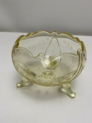 1930s Yellow Topaz Jubilee 4” Footed Bowl Etched Lancaster Depression Glass