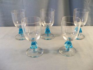 Set Of 5 Bryce Aquarius Cerulean Blue Wine Goblets Glasses 4 5/8 " Tall