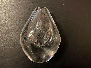 Orrefors Etched Teardrop Crystal Glass Vase Dragonfly Branch Sweden 4 3/4 " High
