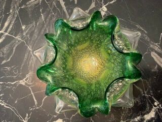 Murano Venetian Art Glass Green Bullicante Bowl W/ Sticker