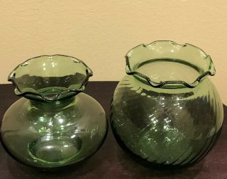 Pair Vintage Anchor Hocking Depression Green Glass Vases With Ruffled Edges