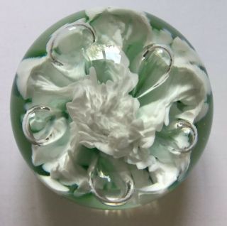 Maude And Bob St.  Clair 1974 Paperweight White Flower Green Base Air Bubbles