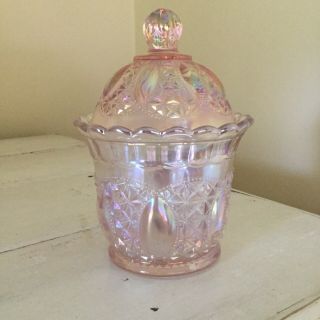 Lenox Imperial Glass Pink Iridescent Covered Candy Jar Dish