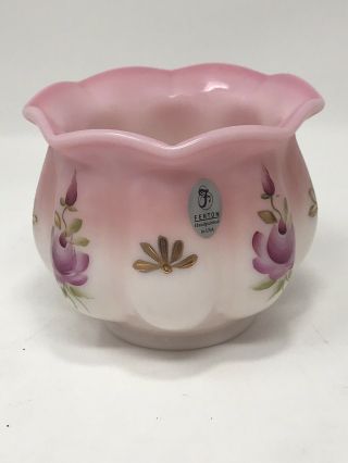 Cute Fenton Pink And White With Roses Hand Painted Bowl Signed W/ Tag