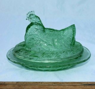 Green Glass Hen on Nest with Chicks in Basket Retro Depression Style 2