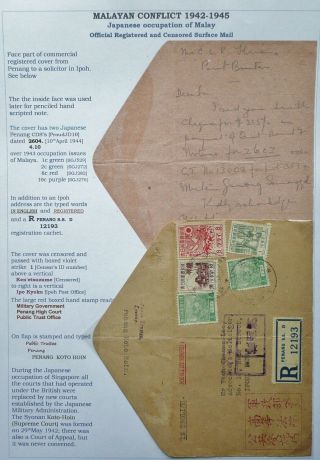 Japanese Occ.  Of Malaya 1944 Registered Cover Front From Penang To Ipoh,  Perak
