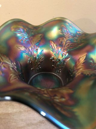 Fenton Purple Green Carnival Glass “Pepper Plant” Ruffled Hat Dish Vase 3