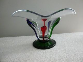 Art Glass Vase,  Hand Blown Glass,  Red/blue/green/clear Glass,  Ruffled Top.