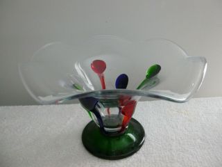 Art Glass Vase,  Hand Blown Glass,  Red/Blue/Green/Clear Glass,  Ruffled Top. 2