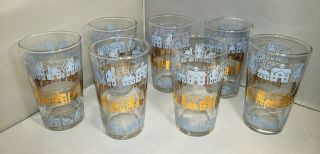 Vintage Mid Century Set Of 7 Blue Gold Houses Drinking Glasses Tumblers 4.  75 "