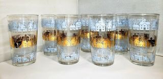 Vintage Mid century set of 7 Blue Gold Houses Drinking Glasses Tumblers 4.  75 