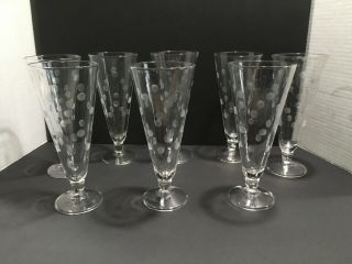 Vintage 8 Pilsner Beer Glasses Etched Polka Dot Set Bar Ware Retro Cocktails