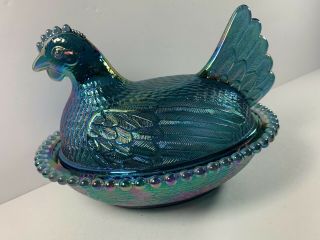 Vintage Chicken Hen On Nest Fenton Carnival Glass Blue Green Candy Dish