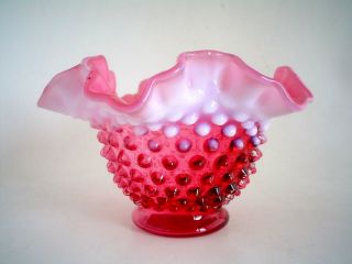 Vintage Fenton Cranberry Hobnail Opalescent Candy Bowl Round With Ruffle Edge