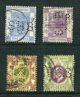 Old China Hong Kong GB QV & KEVII 4 x Stamps to $1 with Perfins 2