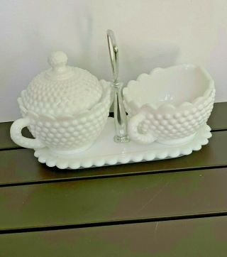 Vintage Fenton Hobnail White Milk Glass Sugar And Creamer Tray Set With Handle