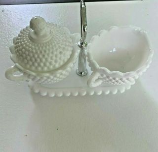 Vintage Fenton Hobnail White Milk Glass Sugar and Creamer Tray Set with Handle 2