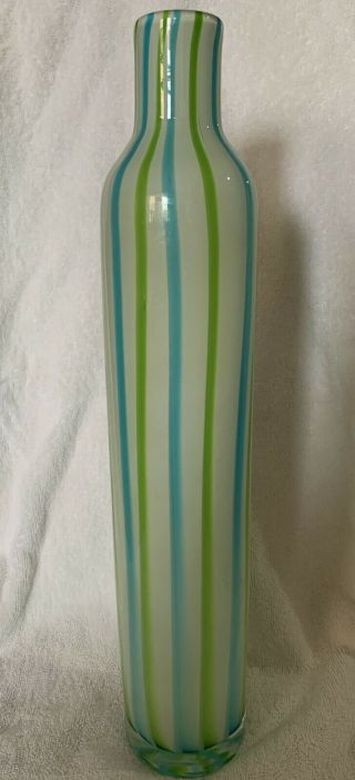 Vintage Studio Hand Blown Art Glass Blue Green Stripe White Vase 16” Tall