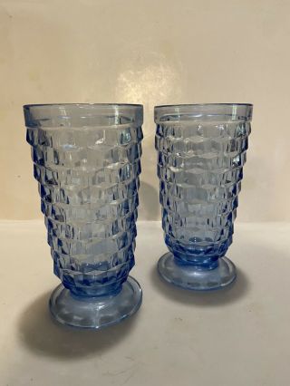 Whitehall Colony Light Blue Cube Footed Glass Water Vintage Set 2 Good Condtion