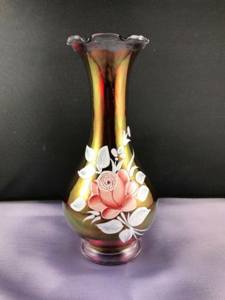 Vintage Westmoreland Ruby Red Glass 6” Bud Vase Hand Painted Rose Signed