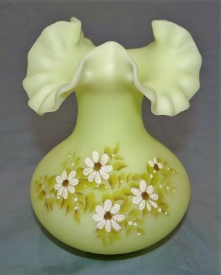 Fenton Custard Glass 7 " Vase Hand Painted Sanded Flowers Signed Satin Ruffled