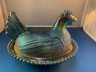 Vintage Indiana Glass Hen On Nest - - Blue Iridescent Colored Glass