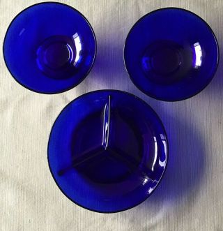 Set Of 3 Cobalt Blue Candy Dishes - 2 Bowls And Sectioned Dish