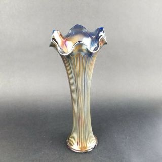 Fenton Art Glass Iridescent Carnival Glass Swung Vase Blue Glass Base 1910 
