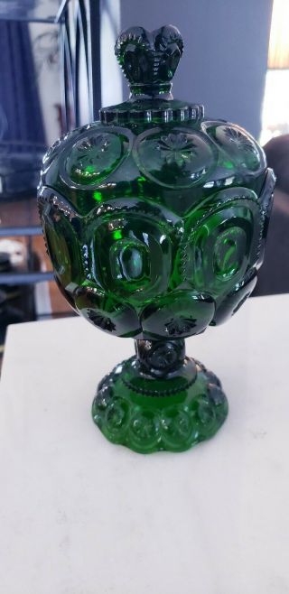 Vtg Mid Century Le Smith Moon And Stars Green Glass Covered Candy Dish/compote
